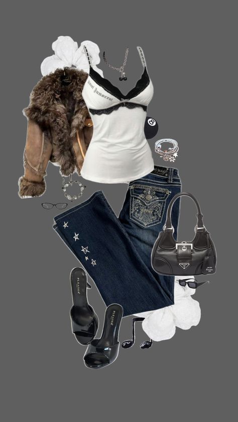 2000s outfit, 00s, y2k, jeans, bootcut, bootcut jeans, fur jacket, cami, lace cami, white cami, prada, kitten heel, sunglasses, silver, silver jewellery Bootcut Jeans Outfit, 2000s Outfit, Sunglasses Silver, White Cami, Y2k Jeans, Jeans Bootcut, Jeans Outfit, Lace Cami, Kitten Heel