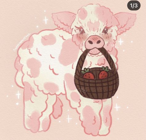 Cute Cow Art Aesthetic, Cow Bell Drawing, Strawberry Animals Drawing, Mushroom Cow Drawing, Strawberry Cow Pfp, Mushroom Cow Art, Pink Cow Aesthetic, Strawberry Cow Aesthetic, Strawberry Cow Art