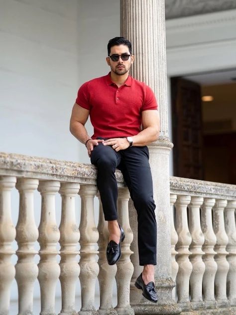 Polo Shirt Outfit Men Aesthetic, Red Polo Shirt Outfit Men, Red Polo Shirt Outfit, Black Men Casual Style, Red Shirt Outfits, Black Polo T Shirt, Polo Shirt Outfit Men, Red Checked Shirt, Best Man's Outfit