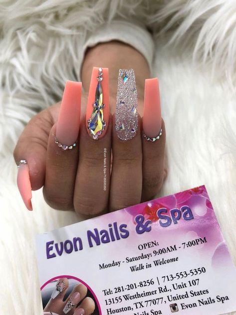 Peach Nails, Nails Design With Rhinestones, Exotic Nails, Ballerina Nails, Bling Acrylic Nails, Luxury Nails, Coffin Nails Designs, Fire Nails, Bling Nails