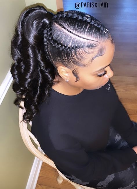 Braids With Curly Ponytail Black Hair, Jelly Up Hairstyles For Black Women, Curly Braided Ponytail For Black Women, Braided Ponytail Hairstyles Birthday, Ponytail Hairstyles For Black Women With Braids, Braided Front Ponytail Black Hair, Hair Braided Into Ponytail Black, Braided Ponytail With Curls At The End, Goddess Ponytail Braids