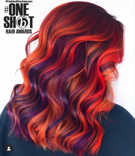 Fun Colored Hair Ideas, Fun Hair Colors For Fall, Dark Purple And Red Hair, Halloween Peekaboo Hair, Black Purple And Orange Hair, Purple And Orange Hair Highlights, Natural Red Hair With Peekaboo Color, Spooky Season Hair, Purple And Orange Peekaboo Hair