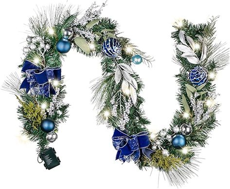 Christmas Garland With Lights, Pre Lit Christmas Garland, Garland With Lights, Fireplace Table, Xmas Garland, Silver Garland, Pre Lit Garland, Christmas Lights Garland, Blue Christmas Decor