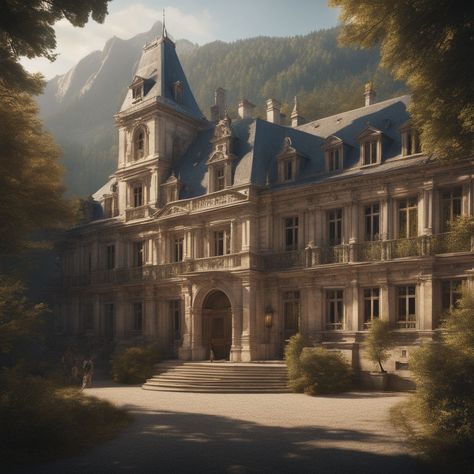 A large old French academy of magic with a hostel in the woo... by ERI VS - Playground Magical Academy Building, Fantasy Academy Aesthetic, Witch School Building, Magical Academy Aesthetic, Fantasy Guild Building, Wizard School Aesthetic, Fantasy Academy Art, Magic Academy Building, Fantasy Magic Academy