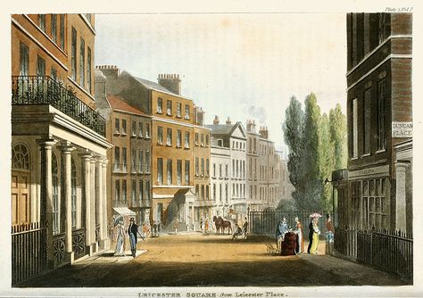 A view of Leicester Square in London, from Ackermann's Repository of Arts, 1812. Georgian London, Regency London, Regency England, Historical London, Mayfair London, London Shopping, London History, Leicester Square, Regency Era