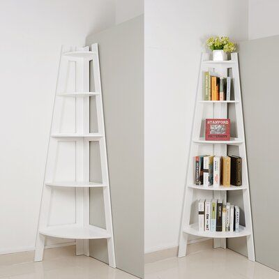 Bookshelf Goals, Literary Decor, Tall Corner Shelf, Bookshelves For Small Spaces, White Bookshelf, Shelf Ladder, Simple Bookshelf, Corner Bookshelf, Bookcase Wood