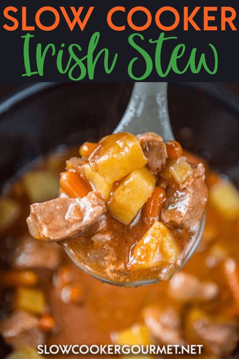 The perfect simple and hearty meal! Slow Cooker Irish Stew is loaded with tender pork shoulder, veggies and your favorite stout beer. #slowcooker #irishstew Pork Stew Slow Cooker, Slow Cooker Irish Stew, Pork Stew Meat Recipes, Pork Stew Meat, Stew Crockpot, Pork Stew Recipes, Stew Beef, Crockpot Stew, Stew Meat Recipes