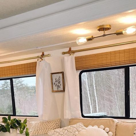 Rv Curtains Diy Travel Trailers, Rv Window Curtains, Rv Curtain Rods, Rv Cottage Style, Rv Privacy Curtain Ideas, Winnabego Rv Remodel, Curtains In Camper, Travel Trailer Living Room Ideas, Cottagecore Rv Interior