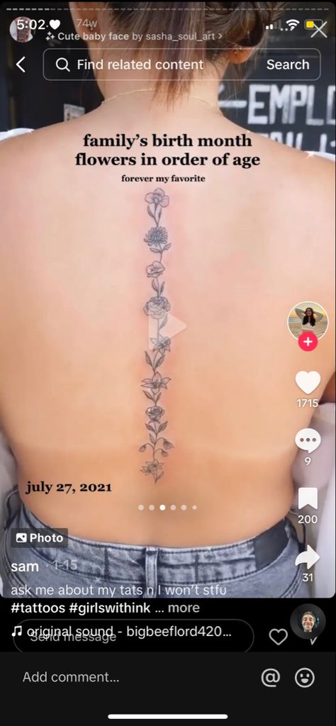 September Birthday Tattoo Ideas, December Flower Spine Tattoo, September Spine Tattoos, Birth Month Flower Spine Tattoo, Spine Tattoos For Women July Birth Flower, Spine Tattoos For Women Birth Flower, March Flower Spine Tattoo, Spine Tattoos Birth Flower, January Birth Flower Spine Tattoo