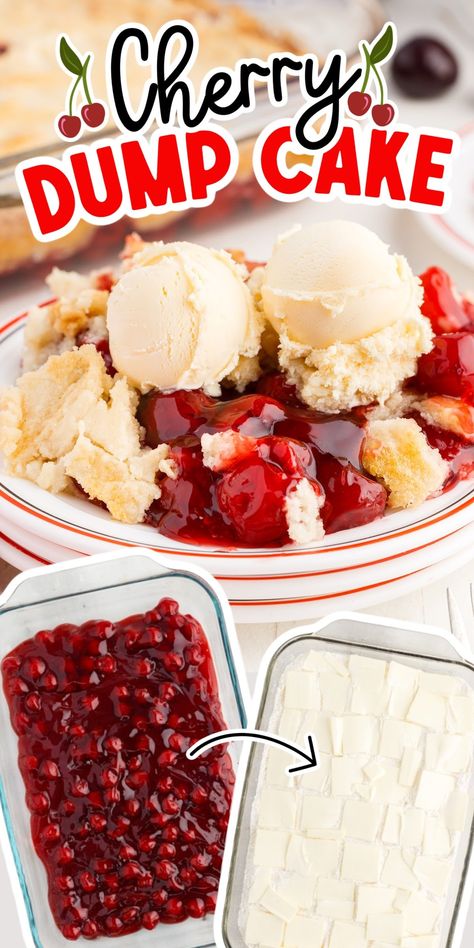 Cherry dump cake is made with just 3 simple ingredients and it's ready in 45 minutes from start to finish. This tasty dessert is packed with sweet cherry pie filling and topped with buttery golden-brown cake mix, making it taste very similar to a cherry cobbler. Easy Cherry Dump Cake, Cherry Dump Cake Recipe, Cherry Dump Cake, Dump Cake Recipe, Fast Desserts, Warm Desserts, Fluff Desserts, Cherry Desserts, Country Cook