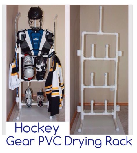 PVC Hockey Gear Drying Rack I can't find instructions, only pictures but this would work for my son's gear. I suppose going by the image will have to do or just google it. Hockey Pvc Drying Rack, Hockey Gear Drying Rack, Gear Drying Rack, Hockey Equipment Drying Rack, Hockey Gear Storage, Hockey Drying Rack, Hockey Equipment Storage, Hockey Organization, Hockey Storage