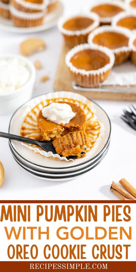 Golden Oreo Pie Crust, Pumpkin Pie Oreo Crust, Pumpkin Cheesecake Oreo Crust, Healthy Mini Pumpkin Pies, Pumpkin Pie Mini, Mini Pumpkin Pies Recipe, Easy Holiday Dessert, Portable Dessert, Golden Oreo