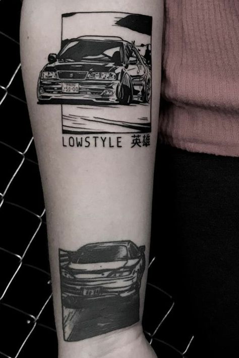 Jdm Tattoo Design, Jdm Car Tattoo Ideas, Drifting Tattoo, Japanese Car Tattoo, E36 Tattoo, Jdm Tattoo Ideas, Car Related Tattoos, Car Tattoo Ideas For Men, Auto Tattoo Ideas