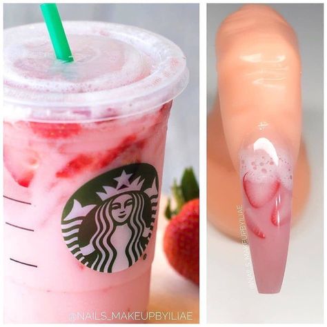 Pink Drink Nails, Strawberry Nail Art, Make Nails, Nails May, May Nails, Spring Acrylic Nails, Starbucks Drink, Pink Drink, Modern Nails