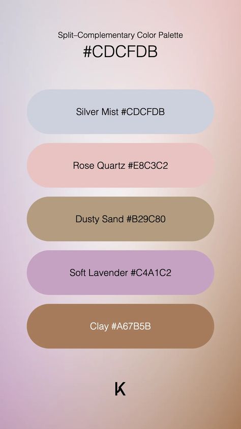 Split–Complementary Color Palette Silver Mist #CDCFDB · Rose Quartz #E8C3C2 · Dusty Sand #B29C80 · Soft Lavender #C4A1C2 · Clay #A67B5B Complementary Color Palette, Color Thesaurus, Dusk Sky, Split Complementary Colors, Split Complementary, Hex Color Palette, Silver Mist, Soft Lavender, Color Pallete