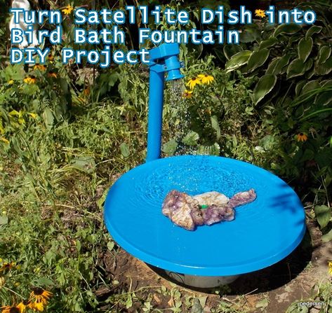 How to Turn Satellite Dish into Bird Bath Fountain DIY Project is a recycled re-purposed water feature for your garden, outdoor patio or part of landscape Satellite Dish Repurpose, Diy Satellite, Satellite Dish Ideas, Greenhouse Outside, Bath Pond, Unique Bird Baths, Bird Baths Homemade, Bluebird House Plans, Birdbath Fountain