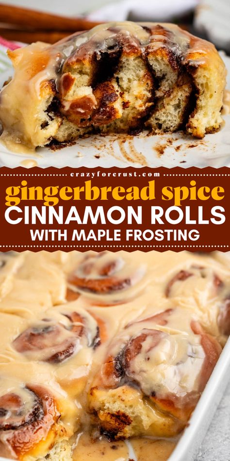 These Gingerbread Spice Cinnamon Rolls with Maple Frosting are the perfect holiday breakfast treat! Filled with molasses and warm spices, these rolls are topped with creamy maple frosting, making them an ideal choice for Christmas morning breakfast and holiday brunch ideas! Ginger Bread Cinnamon Roll, Festive Cinnamon Rolls, Maple Frosted Cinnamon Rolls, Cinnamon Rolls Orange, Cinnamon Rolls With Maple Frosting, Molasses Cinnamon Rolls, Fun Cinnamon Rolls, Butterscotch Cinnamon Rolls, Maple Frosting For Cinnamon Rolls