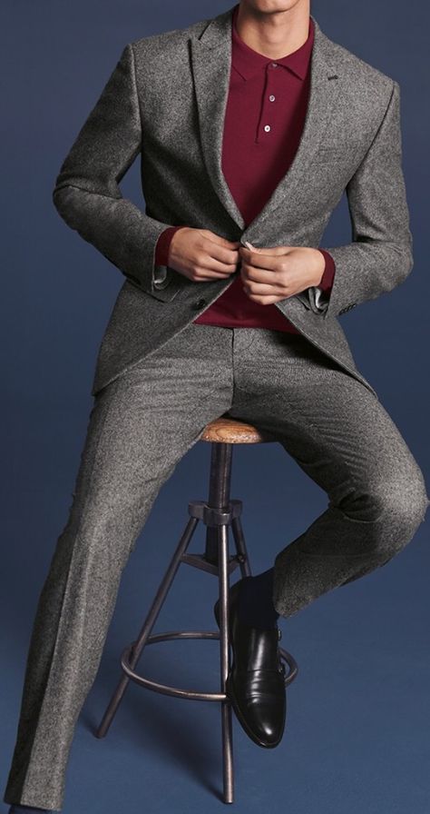 Sport Coat And Jeans, Minimalist Wardrobe Men, Polo Outfit Men, Light Grey Suits, Maroon Shirts, Polo Outfit, Classy Outfits Men, Mens Fashion Inspiration, Gray Suit