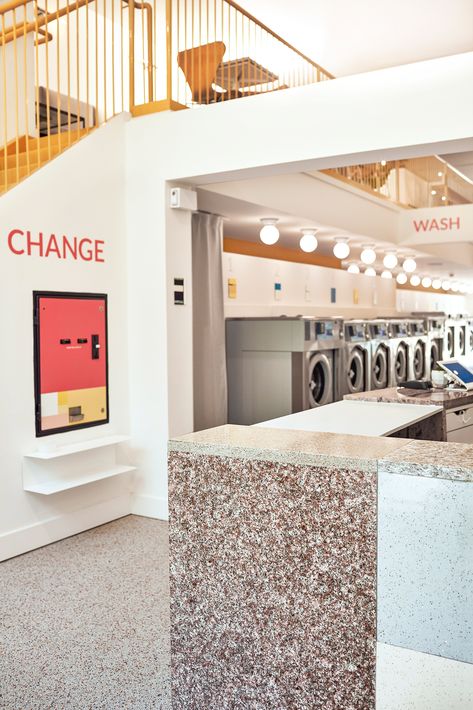 Self Laundry Shop Design, Coffee And Laundry Shop, Laundry Coffee Shop, Laundry And Coffee Shop, Self Laundry Shop, Modern Laundromat Interior Design, Laundry Shop Design Ideas, Laundromat Decor, Laundromat Design