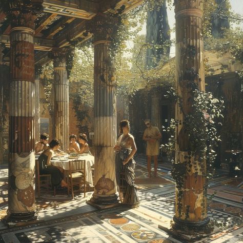 Daily Life in an Ancient Greek Villa | Premium AI-generated image Greek Palace Aesthetic, Greek Mythology Landscape, Odysseus Palace, Ancient Greek Art Aesthetic, Ancient Art Aesthetic, Greek Temple Aesthetic, Ancient Greek Palace, Greek Warrior Aesthetic, Greek Aesthetic Art