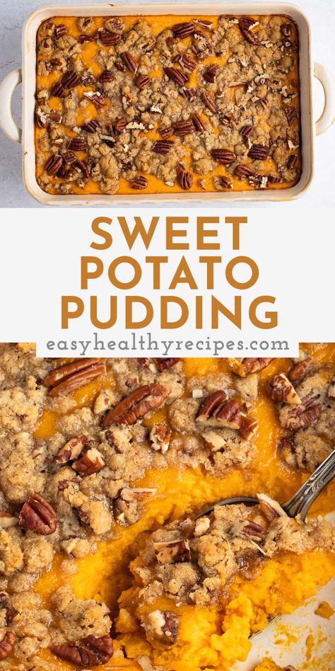 Classically Southern sweet potato pudding is a must-have for your holiday dinner table. Rich, earthy sweet potatoes mixed with evaporated milk and eggs until creamy, then topped with a nutty brown sugar pecan crumble and baked until crisp and hot. This is everything you love about Thanksgiving baked into one incredible dish! Sweet Potato Pudding, Potato Pudding, Pecan Topping, Holiday Dinner Table, Traditional Thanksgiving, Meatless Main Dishes, Thanksgiving Recipes Side Dishes, Thanksgiving Side, Southern Food