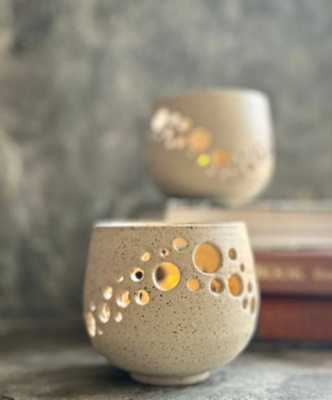 Handmade Luminaries pair for Candles. Speckled Stoneware, Off-white, Sloping Round Profile. Free Shipping Thrown Pottery Wheel, 3.5 High - Etsy Canada Carving Clay, Candle Pot, Round Profile, Beginner Pottery, Pottery Candle, Abstract Waves, Thrown Pottery, Pottery Wheel, Potters Wheel