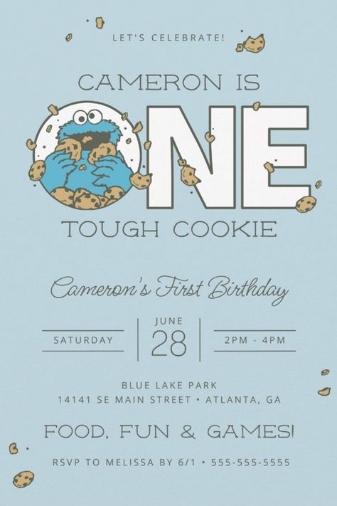 Cookie Monster | One Tough Cookie Birthday Invitation
Invite all your family and friends to your child's birthday with these "One Tough Cookie" birthday invitations featuring Cookie Monster. Personalize by adding all your party details! One Tough Cookie Birthday, Cookies Monster Birthday, One Tough Cookie Birthday Party, Cookie Monster Theme Party 1st Birthdays, Cookie Monster Invitations, Cookie Monster 2nd Birthday Boy, Cookie Monster 1st Birthday Cricut, Cookie Monster Invitations 1st Birthdays, Cookie Monster First Birthday