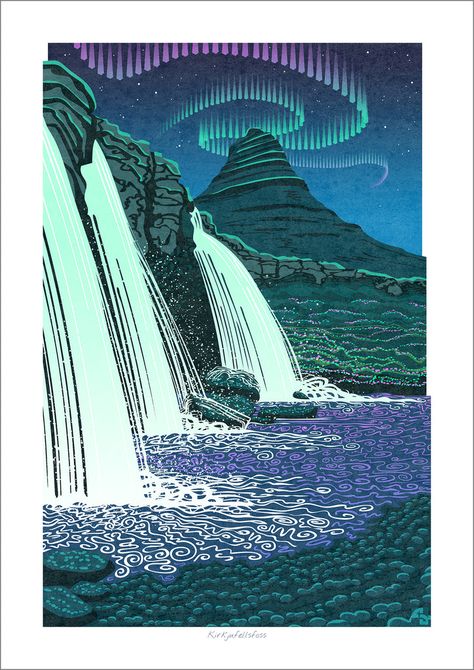 Iceland Poster, Aurora Northern Lights, Iceland Aurora, Best Places In The World, Waterfall Wall Art, Waterfall Art, Landscape Art Prints, Iceland Waterfalls, Waterfall Wall