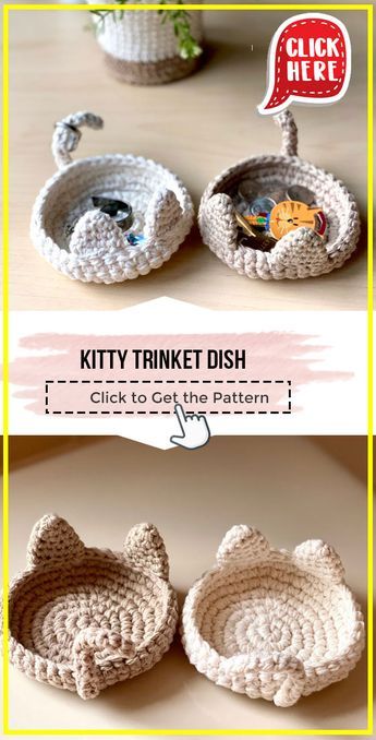 Kat Haken, Crochet Kitty, Pola Macrame, Crochet Cat Pattern, Confection Au Crochet, Crochet Coaster Pattern, Pola Amigurumi, Crochet Baskets, Beginner Crochet Projects