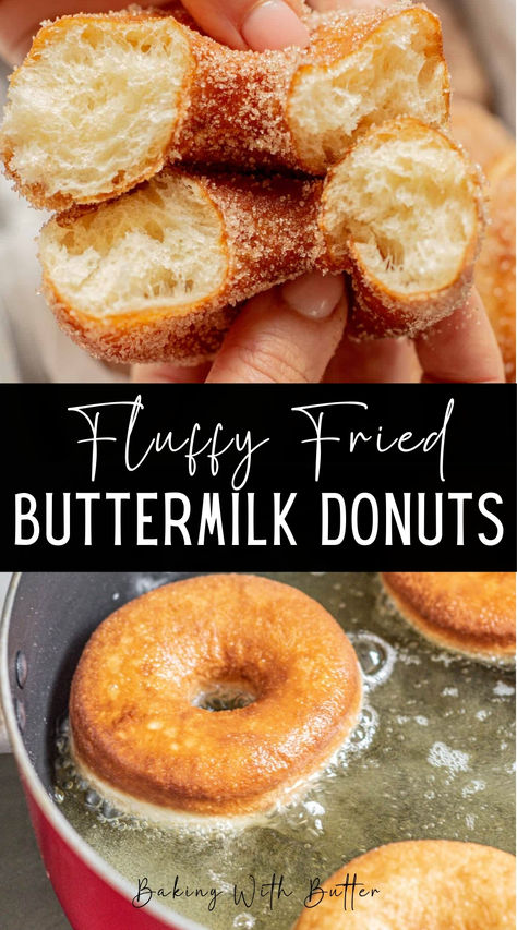 These fried buttermilk donuts are super fluffy, coated generously in cinnamon sugar or with a sweet vanilla glaze. Soft And Fluffy Doughnut Recipe, Light And Fluffy Donut Recipe, Fried Doughnut Recipe Easy, Buttermilk Donuts Old Fashioned, Fried Donuts Homemade, Baked Buttermilk Donuts Recipe, Donuts Recipe Fried, Cake Donuts Fried, Homemade Donuts Recipe Easy