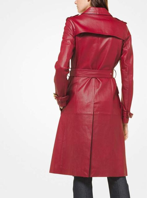 Michael Michael Kors Leather Trench Coat Leather Trench, Leather Trench Coat, Cherry Red, Red Leather Jacket, Designer Handbags, Double Breasted, Trench Coat, High Neck Dress, Autumn Fashion