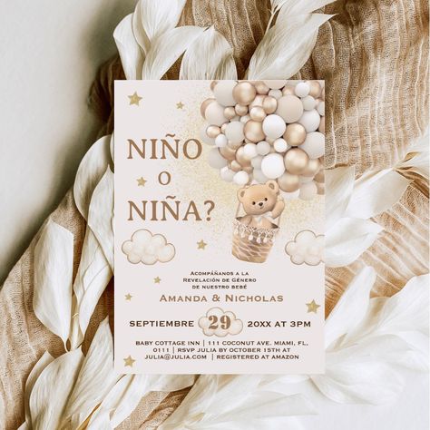 This Boho, elegant, cute gender reveal invite in neutral tones beige , light brown, gold , taupe with main character cute teddy bear in the hot air balloon. This gender reveal collection is a mix of bohemian and elegant simple themes. Don't forget to discover the full collection! Gender Reveal Ideas Nude Colors, Gender Reveal Ideas Teddy Bear Theme, Gender Reveal Colors, Neutral Color Gender Reveal, Gender Reveal Teddy Bear Theme, Gender Reveal Themes Bear, Neutral Bear Gender Reveal, Elegant Gender Reveal Party, Gender Reveal Neutral Theme