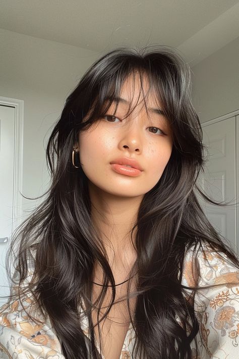 45 Stunning Examples of Long Hair With Bangs - Flo's Blog Less Bangs Haircut, Large Curtain Bangs, Long Haired Haircuts, Style Your Hair, Haircut Bangs Long Hair, Long Wolf Cut With Wispy Bangs, Hair Cuts Bang, Haircut For Long Hair With Bangs, Fringe Haircut Women