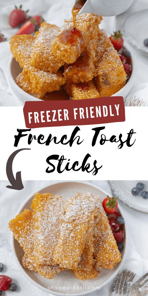 Easy French Toast sticks that are freezer friendly! It’s the perfect breakfast dish that will become a family favorite! Easy French Toast Sticks, Freezer French Toast, Frugal Breakfast, Brunch French Toast, Louise Partridge, Make Ahead French Toast, French Toast Sticks Recipe, Back To School Food, Healthy Breakfast Toast