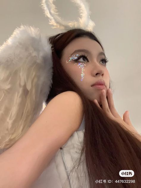 Angel Makeup For Halloween, Cherub Halloween Costume, Jules Angel Costume, Womens Angel Costume, Angel Makeup Ideas Halloween Costumes, Angel Makeup Ideas Halloween, Snow Angel Halloween Costume, Snow Angel Costume, Angel Devil Couple Costume