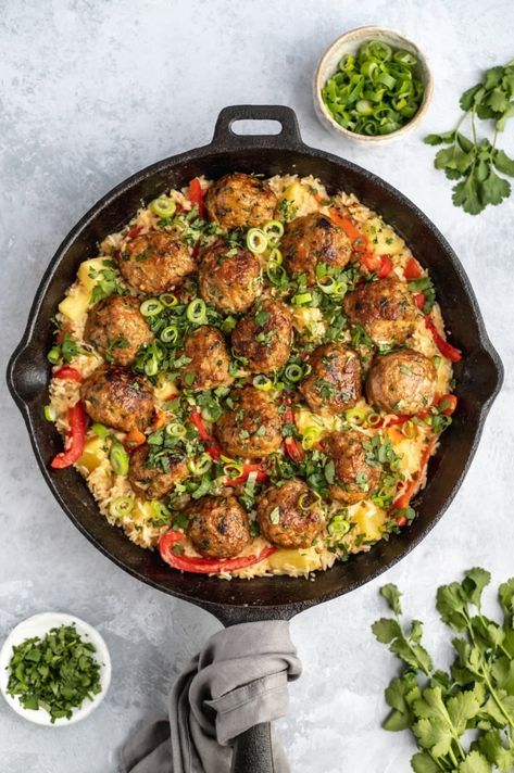 Incredible firecracker chicken meatballs made with flavorful spices and served with a creamy cilantro coconut pineapple rice. These healthy firecracker chicken meatballs are spicy, sweet, savory and make an incredible one pan meal. Easily made gluten free and perfect for meal prep! Coconut Pineapple Rice, Firecracker Chicken Meatballs, Pineapple Rice, Firecracker Chicken, Ambitious Kitchen, Peanut Butter Sauce, Frozen Meatballs, Chicken Meatballs, One Pan Meals