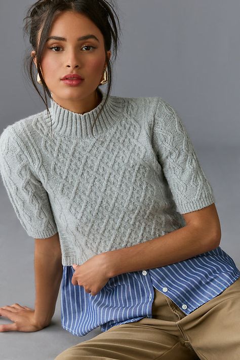 56% cotton, 32% acrylic, 11% polyester, 1% elastane; 65% polyester, 35% cotton contrast Pullover styling Hand wash Imported | Melinda Cable Short-Sleeve Twofer Sweater by Maeve in Grey, Women's, Size: XS at Anthropologie Twofer Top, Twofer Sweater, Sweater Short Sleeve, Jacquard Sweater, Anthropologie Sweater, Layered Look, Work Casual, Blue Gray, Pullover Styling