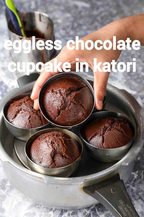 chocolate cupcake recipe in katori | eggless & without oven cake in cooker Chocolate Cupcake Recipe, Resipi Kek, Chocolate Cake Recipe Moist, Chocolate Dishes, Eggless Cake Recipe, Spicy Snacks Recipes, Tandoori Masala, Cupcake Recipes Chocolate, Sweet Dishes Recipes