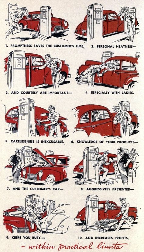 Fill 'er up? Some vintage full-service gas station tips for attendants - and it's so obviously advice from another era (1944) - #vintage #retro #gasstation #fullservice #oldendays #oldfashioned #servicestation #1940s #1944 #goodoldays #manners #etiquette #classiccars #clickamericana Full Service Gas Station, Gas Station Attendant, Asteroid City, City Core, Vintage Gas Station, 50s Party, Station Service, Gas Service, Oil Service