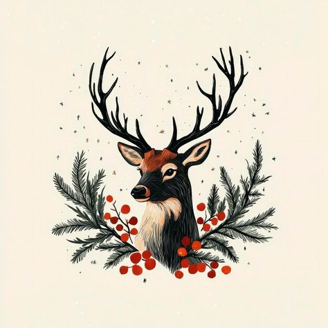 Vintage Deer Illustration, Christmas Deer Illustration, Deer Illustration, Christmas Berries, Vintage Deer, Hand Drawn Illustration, A Deer, Drawn Illustration, Christmas Deer