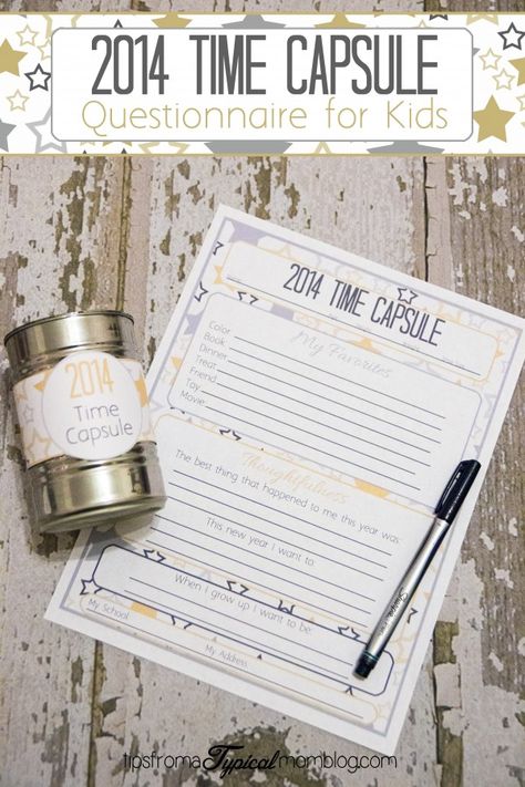 This New Years Time Capsule Printable Questionnaire for Kids is such a fun New Years tradition to start with your kids. Just have them fill them out and use the cute label to make a time capsule to be opened on New Years Day next year. New Years With Kids, New Years Eve Traditions, Kids New Years Eve, New Year's Eve Activities, Baby New Year, Traditions To Start, New Years Traditions, New Years Activities, New Year's Crafts