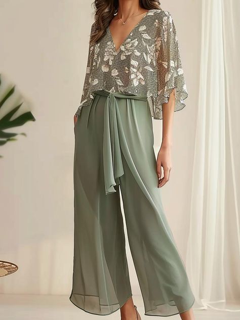 Shop Affordable Women Two-Piece Sets Summer tow-piece set Holiday Casual tow-piece set Floral tow-piece set Loose tow-piece set V Neck Sleeveless tow-piece set On Justfashionnow.com Womens Pants Outfits For Wedding, Green Suit For Women Wedding, Loose Outfits For Women Summer, 3 Piece Womens Outfit, Palazzo Pants Outfit Summer, Evening Cocktail Attire For Women, Dressy Pants Outfits For Wedding, Two Piece Pant Set Formal, Romantic Outfits For Women