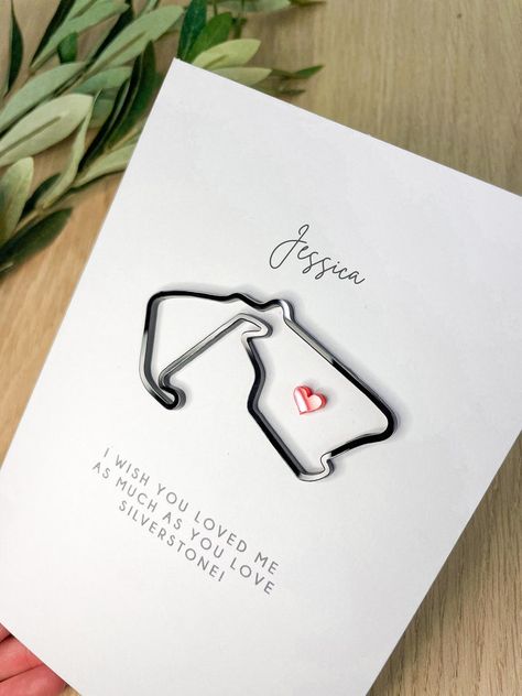 A personalised Valentine's Day card especially for those racing enthusiasts. We print onto our white cards with dark grey ink & add a 3D race track which we cut in house from gloss acrylic using laser engraved technology. MESSAGE INSIDE: left blank for you to get all soppy or punny! (please note we cannot print messages on the inside at this time) CARD SIZE: 7" x 5" ENVELOPE: Plain white included PERSONALISE: This card has the option to add a name for personalisation. F1 Valentine Cards, F1 Gifts, Gifts For Car Lovers, F1 Fans, Car Card, Diy Birthday Gifts For Friends, Valentine Cards Handmade, White Cards, Formula Uno