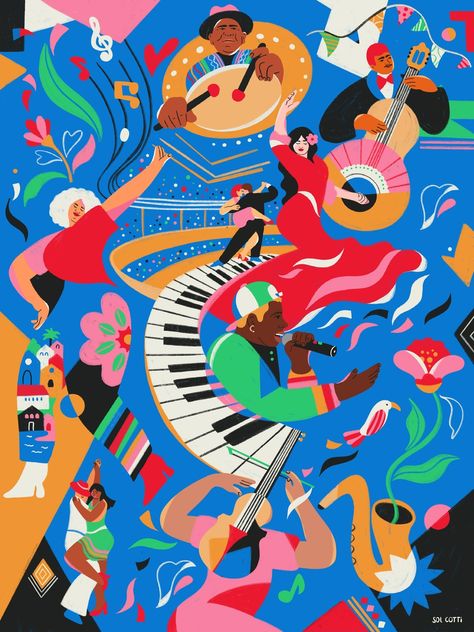 Sol Cotti • illustrator Mardi Gras Illustration, Dance Festival Poster, Dance Mural, Carnival Illustration, Illustration Culture, Dancing Illustration, Dance Illustration, Festive Illustration, Bold Illustration