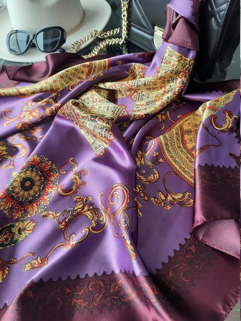 SALE Burgundy Purple With Golden Elements Silk Scarf Satin - Etsy Silk Scarfs, Silk Gifts, Hair Gift, Favorite Handbags, Elegant Drapes, Rich Purple, Silky Scarf, Gift With Purchase, Valentines Gifts For Her