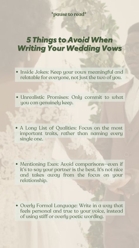 When writing your wedding vows, steer clear of inside jokes, unrealistic promises, and mentioning exes. Keep it personal and true to your voice, focusing on what truly matters in your relationship. Vows To Husband Cry, Funny Wedding Vows To Husband, Wedding Vows That Make You Cry To Husband, Wedding Vows To Husband Cry, Wedding Vows To Husband Cry Funny, Wedding Vows That Make You Cry, Vows To Husband, Funny Wedding Vows, Wedding Vows To Husband