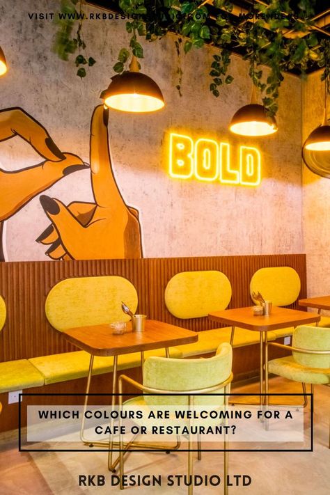 WHAT COLOURS ARE WELCOMING for a cafe? Bright Cafe Interior, Colourful Cafe Interior, Colorful Coffee Shop, Yellow Restaurant, Colorful Cafe, Loft Cafe, Coffee Shop Furniture, Restaurant Design Inspiration, Modern Small House Design