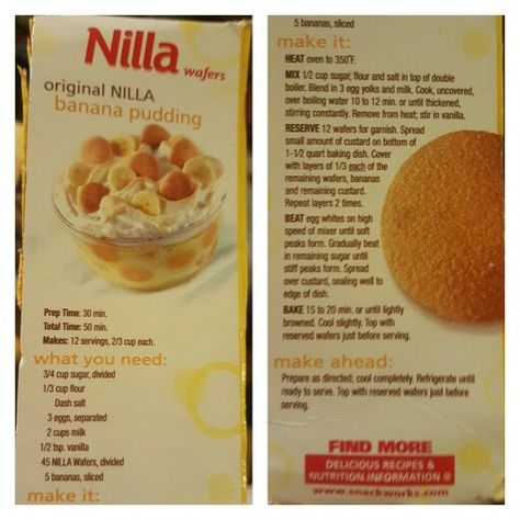 Original Nilla Wafer Banana Pudding from Nabisco Box Nabisco Banana Pudding Recipe, Vanilla Wafer Banana Pudding, Nilla Wafer Banana Pudding, Puding Pisang, Banana Pudding From Scratch, Easy Banana Pudding Recipe, Old Fashioned Banana Pudding, Magnolia Bakery Banana Pudding, Banana Pudding Desserts