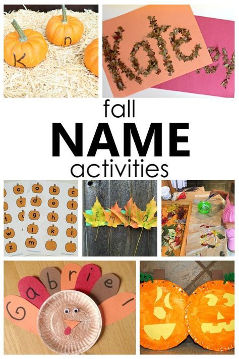 Start teaching the alphabet and help kids learn to recognize and spell their own name with these fun fall name activities for preschool and kindergarten. Fall Name Activities, Name Crafts For Kids, November Crafts Preschool, Name Activities For Preschool, Preschool Fall Activities, Grandchildren Activities, Tk Ideas, September Ideas, Crafts For Kids Preschool