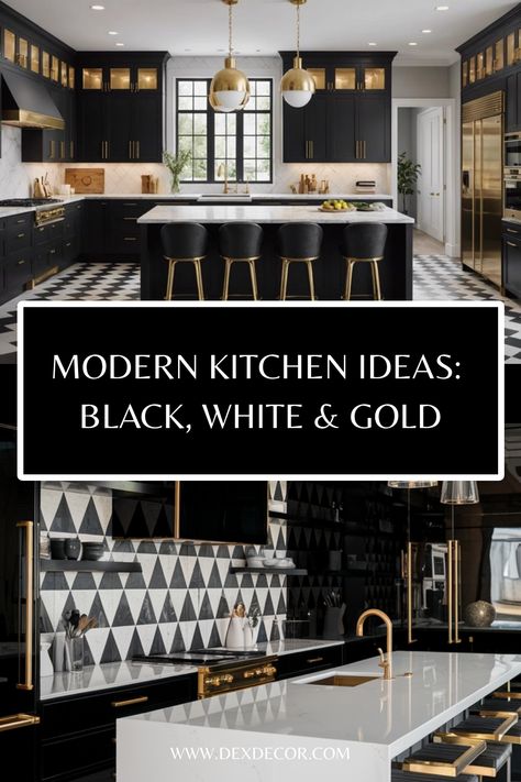 Modern kitchen design with black, white, and gold accents, featuring a large island and geometric patterns. Black Cream And Gold Kitchen, Black And White Kitchen With Gold Accents, Black And White Tile Kitchen Backsplash, Black And Gold Cabinets Kitchen, Black And White Kitchens Ideas, White Glam Kitchen, Black White And Gold Kitchen, Black White And Gold Decor, Black And Cream Kitchen